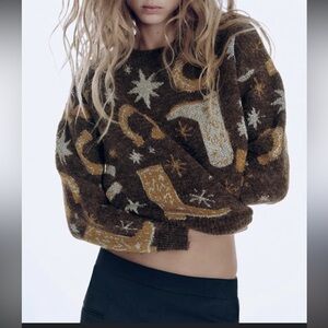 Stylish Brown Metallic Sweater with Cowboy Boot & Horseshoe Design 🐴